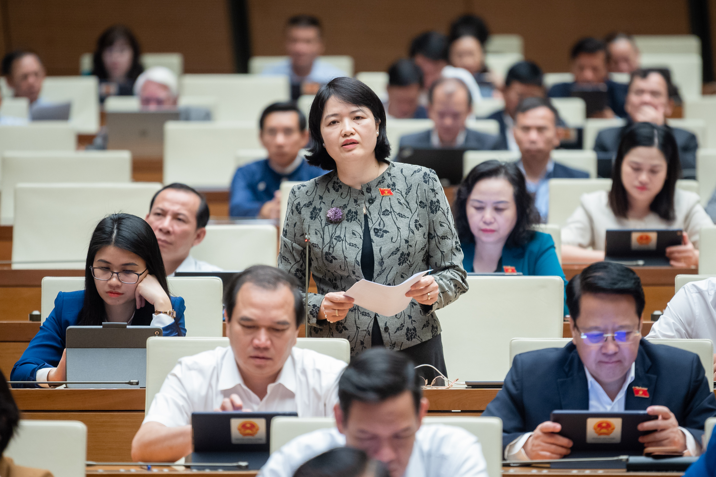 Đại biểu Nguyễn Thị Mai Thoa, Đoàn đại biểu Quốc hội tỉnh Hải Dương cho rằng còn một số quy định đang được quy định đồng thời ở hai luật, gây bất tiện cho người dân trong quá trình áp dụng, thực thi luật - Ảnh: Quochoi.vn.