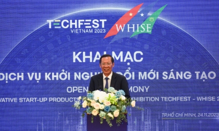 Chủ tịch UBND TP.HCM Phan Văn Mãi phát biểu khai mạc Techfest – Whise 2023, sáng 24/11.