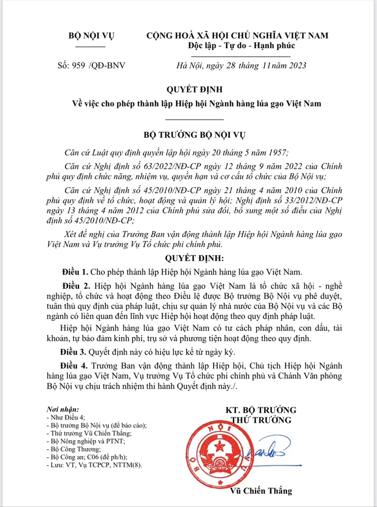 Quyết định của Bộ Nội vụ cho ph&eacute;p th&agrave;nh lập Hiệp hội Ng&agrave;nh h&agrave;ng l&uacute;a gạo Việt Nam
