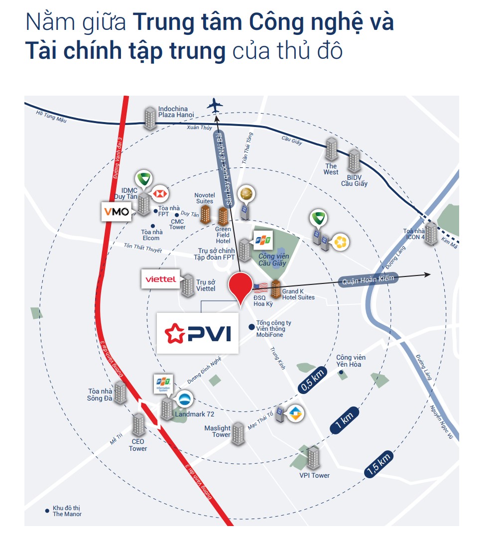 PVI Tower nằm ở khu vực tập trung nhiều văn phòng cho thuê tại khu vực phía Tây - nơi tập trung các doanh nghiệp công nghệ và tài chính hàng đầu tại Hà Nội.