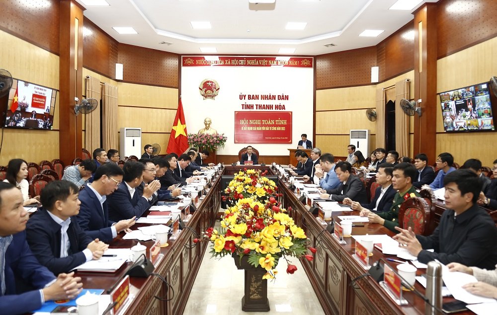 Quang cảnh Hội nghị tại điểm cầu UBND tỉnh Thanh H&oacute;a