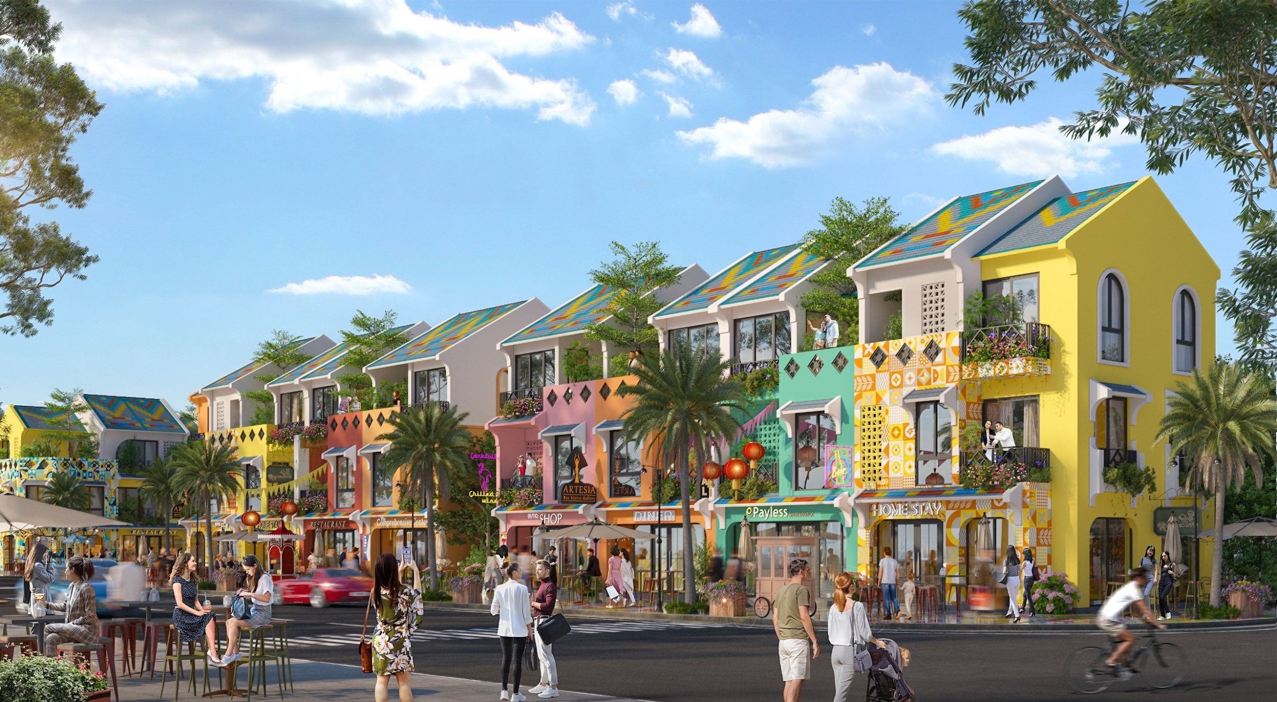 Tuyến phố sầm uất đầy sắc mầu tại Flamingo Heritage T&acirc;n Tr&agrave;o City. Họa tiết trang tr&iacute; m&aacute;i nh&agrave; được khắc họa theo hoa văn của những chiếc khăn, trang phục của người d&acirc;n tộc bản địa.