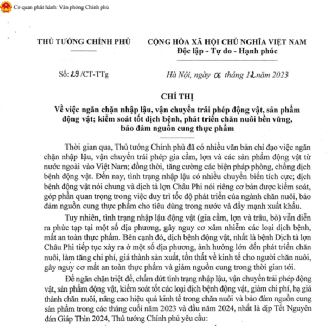 Chỉ thị của Thủ tướng Chính phủ