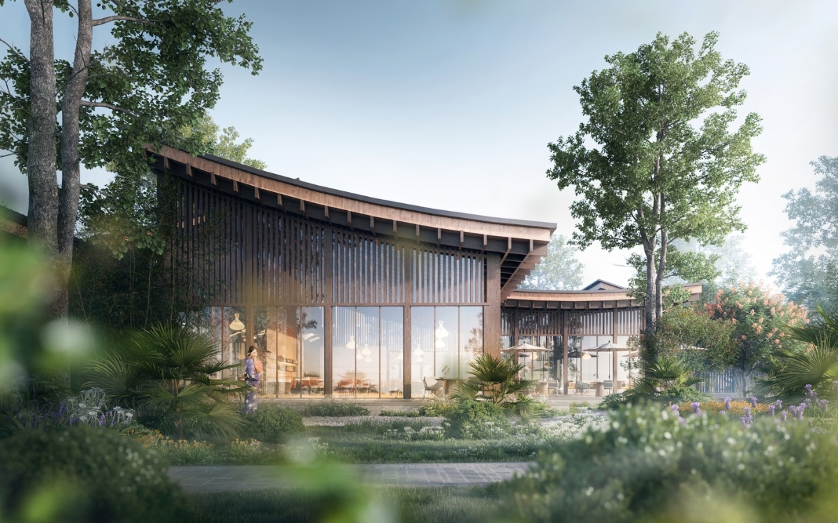 Cảnh quan, kh&ocirc;ng gian nghệ thuật tại tổ hợp trị liệu Onsen Clubhouse.