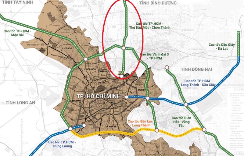 Cao tốc TP.HCM - Thủ Dầu Một - Chơn Thành trong bản đồ các tuyến cao tốc kết nối với TP.HCM.