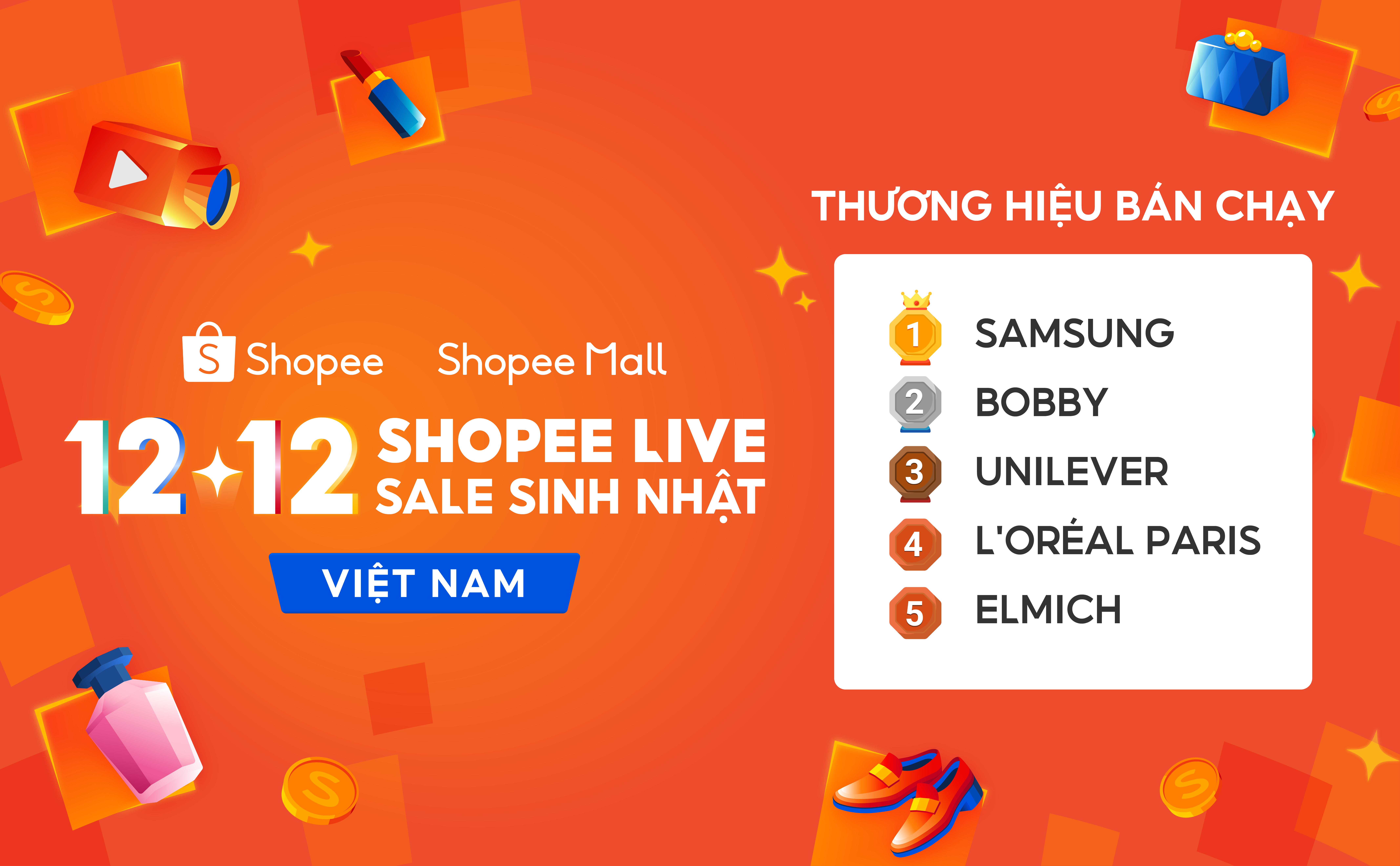 Loạt thương hiệu được y&ecirc;u th&iacute;ch tr&ecirc;n Shopee Mall gồm Samsung, Bobby, Unilever, L'Or&eacute;al Paris, Elmich.
