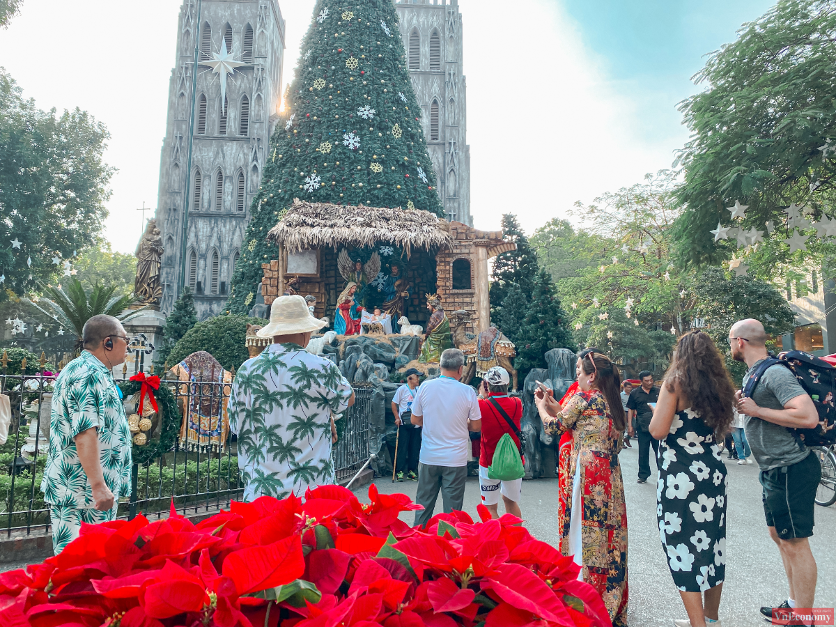 Tại Nh&agrave; thờ Lớn, nơi c&oacute; c&acirc;y th&ocirc;ng được cho l&agrave; &ldquo;khổng lồ&rdquo; nhất tại H&agrave; Nội, lu&ocirc;n thu h&uacute;t đ&ocirc;ng đảo kh&aacute;ch du lịch đến check-in.