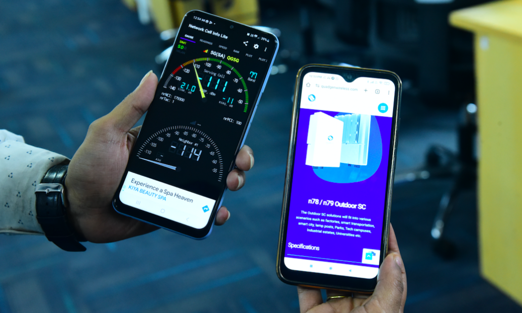 Tên mạng 5G Private của QuadGen (QG5G) hiển thị trên điện thoại thương mại.