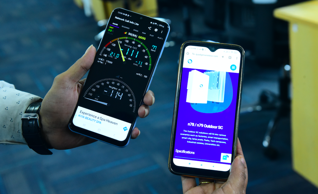 Tên mạng 5G Private của QuadGen (QG5G) hiển thị trên điện thoại thương mại.