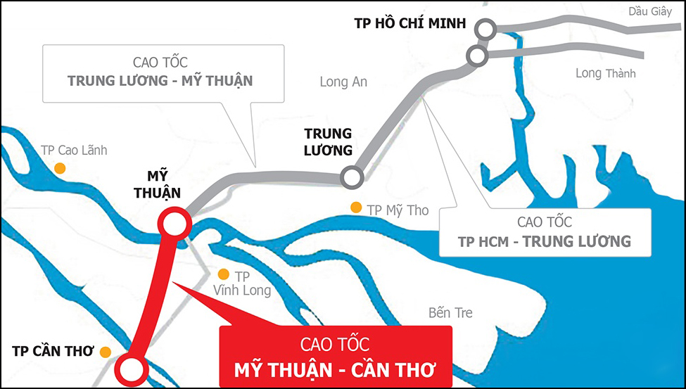 Cao tốc Mỹ Thuận - Cần Thơ trong hành trình toàn tuyến cao tốc TP.HCM - Cần Thơ. Đồ họa: Nguyễn Tường.