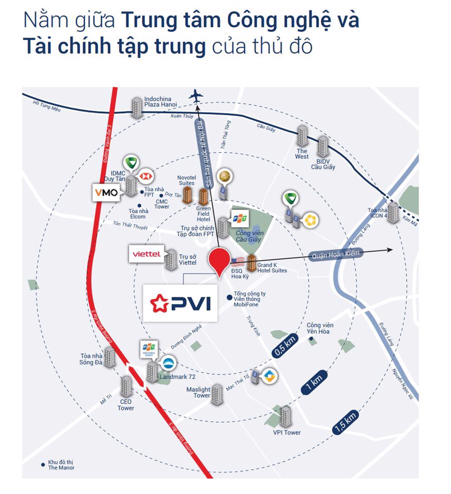 PVI Tower nằm ở khu vực tập trung nhiều văn phòng cho thuê tại khu vực phía Tây - nơi tập trung các doanh nghiệp công nghệ và tài chính hàng đầu tại Hà Nội.