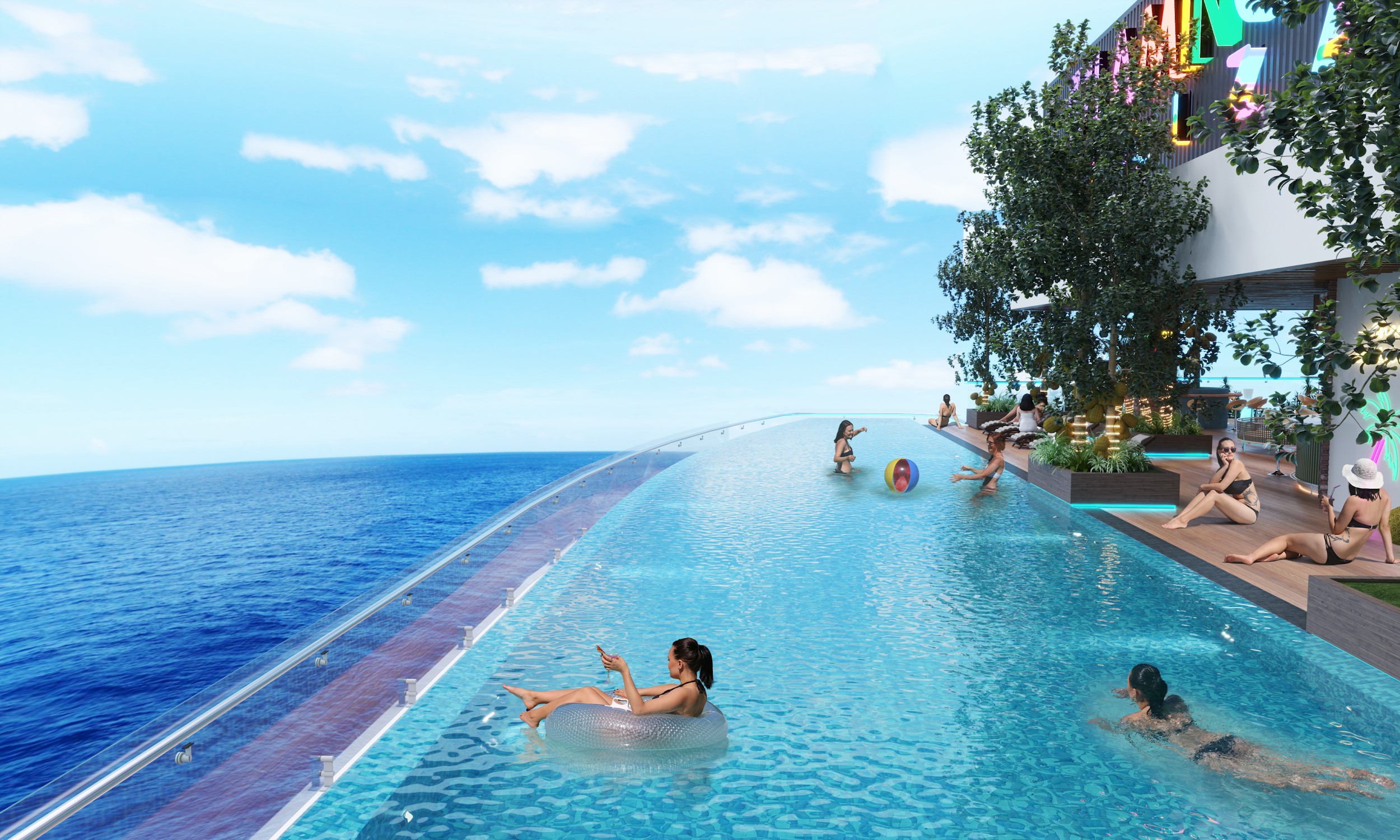 Bể bơi vô cực trên tầng 21 tòa tháp biza Party Resort.
