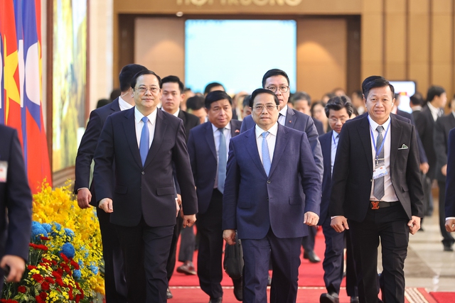 Thủ tướng Phạm Minh Chính và Thủ tướng Lào Sonexay Siphandone đồng chủ trì kỳ họp lần thứ 46 Ủy ban liên Chính phủ về hợp tác song phương Việt Nam-Lào - Ảnh: VGP