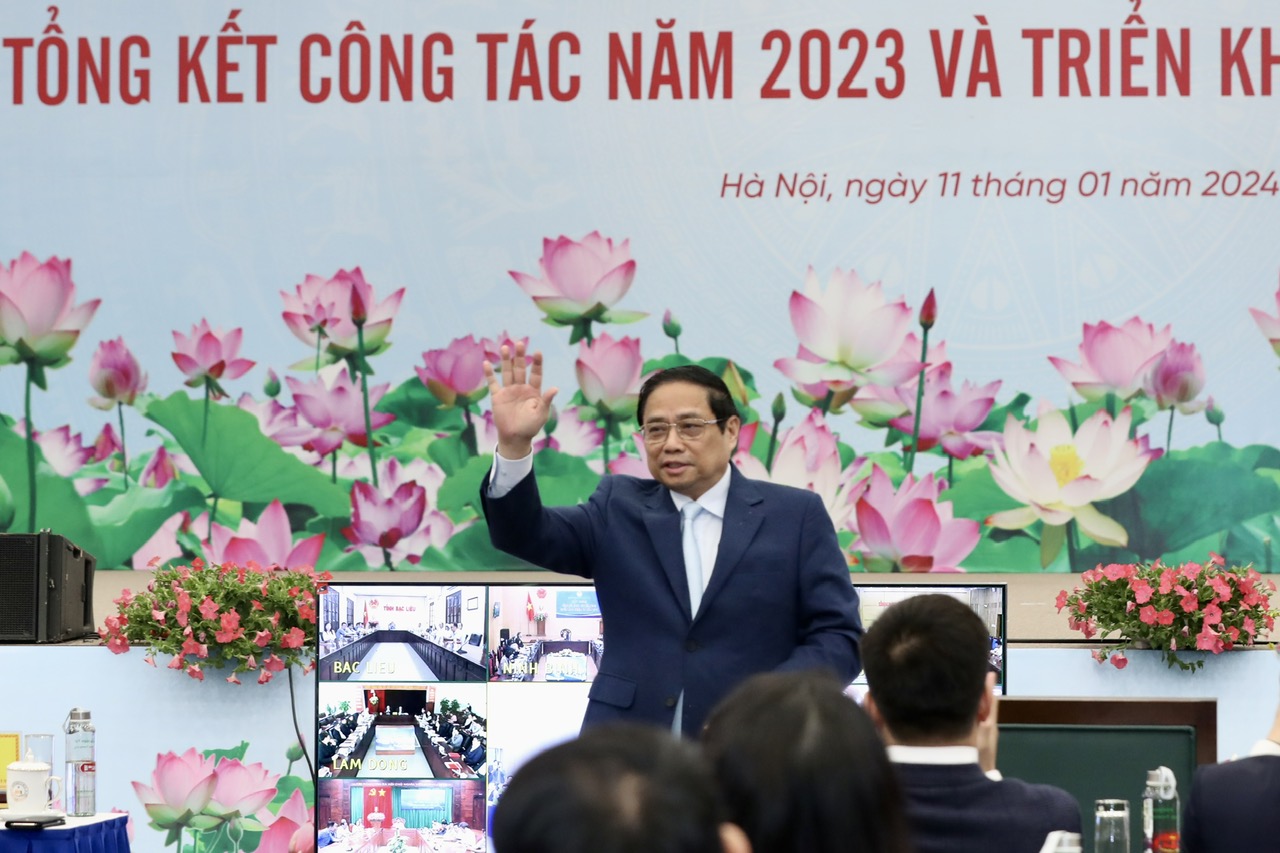 Thủ tướng Chính phủ Phạm Minh Chính tham dự Hội nghị Tổng kết công tác năm 2023 và triển khai nhiệm vụ năm 2024 của Bộ Kế hoạch và Đầu tư sáng ngày 11/1/2024. 