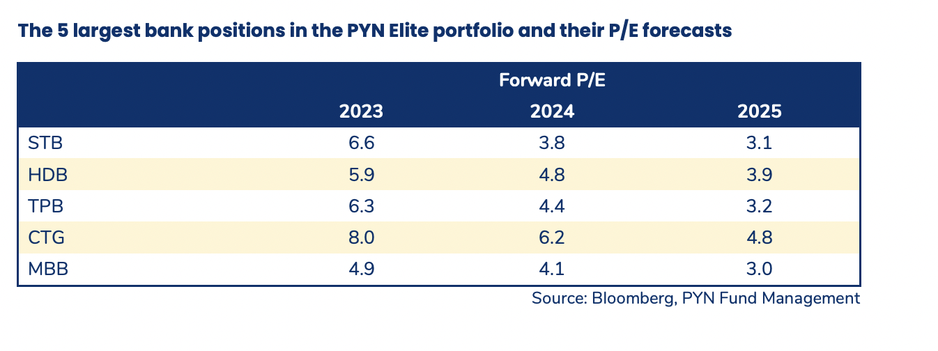 Định gi&aacute; P/E của 5 cổ phiếu ng&acirc;n h&agrave;ng trong danh mục Pyn Elite Fund.&nbsp;