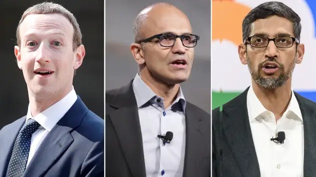 Từ trái sang phải: Mark Zuckerberg, CEO của Facebook, Satya Nadella, CEO của Microsoft và Sundar Picahi, CEO của Google.