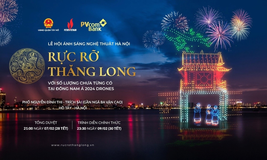 Lễ hội ánh sáng nghệ thuật Hà Nội - Rực rỡ Thăng Long được trình diễn bằng 2.024 máy bay không người lái (drone) trong đêm giao thừa