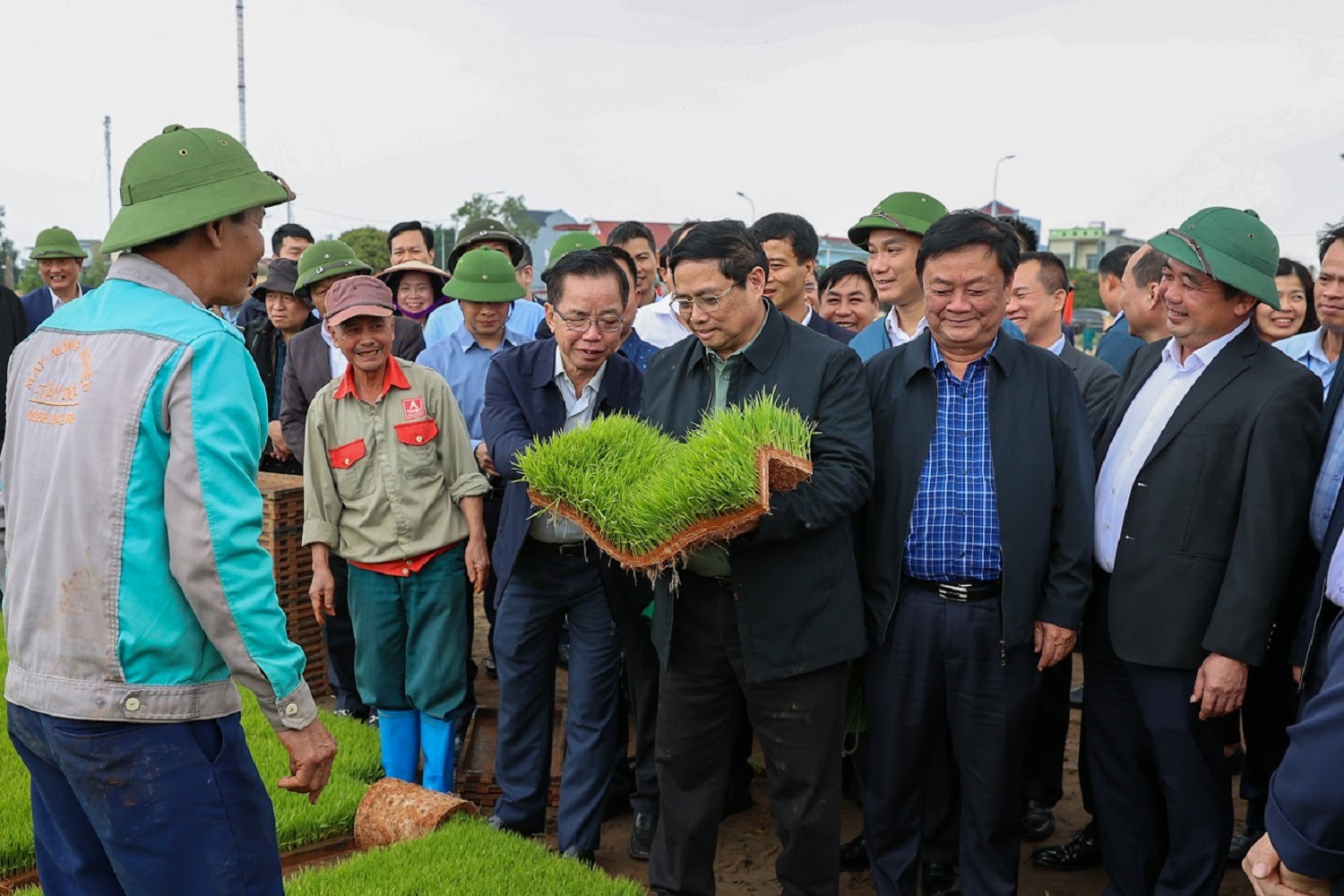 Thủ tướng thăm khu vực sản xuất mạ khay và cánh đồng gieo sạ bằng máy. Ảnh: VGP.