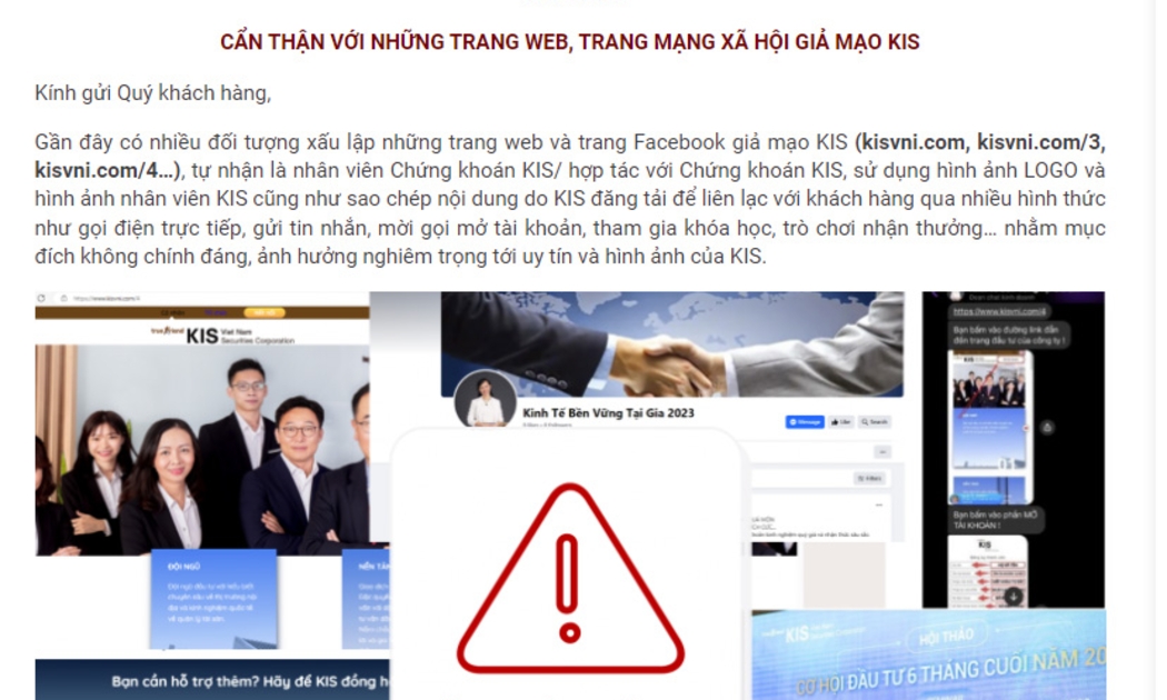 Cảnh báo của KIS đối với các nhà đầu tư cẩn thận với trang web, trang mạng xã hội giả mạo KIS.