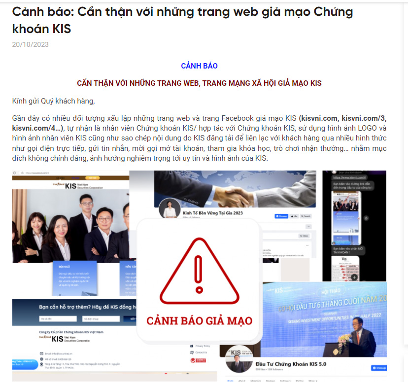 Cảnh báo của KIS đối với các nhà đầu tư cẩn thận với trang web, trang mạng xã hội giả mạo KIS.