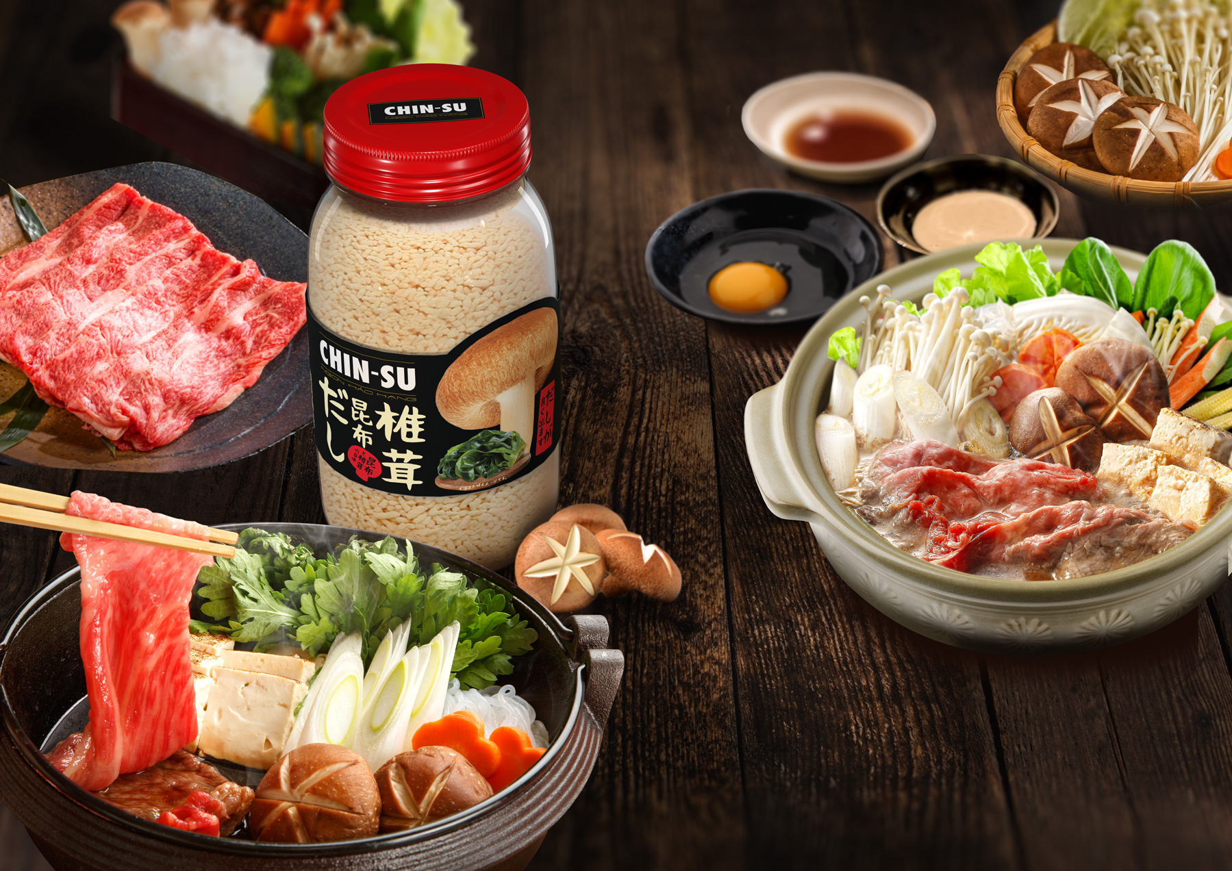 Hạt nêm CHIN-SU với sự kết hợp hoàn hảo từ nấm shiitake  tảo bẹ kombu bán song hành tại thị trường trong nước và Nhật Bản.