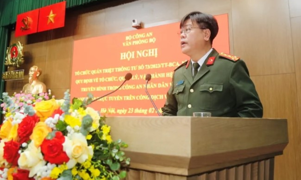 Đại tá Phạm Văn Tuấn - Giám đốc Trung tâm Thông tin chỉ huy Bộ Công an phát biểu về triển khai hệ thống thanh toán trực tuyến trên Cổng dịch vụ công Bộ Công an.