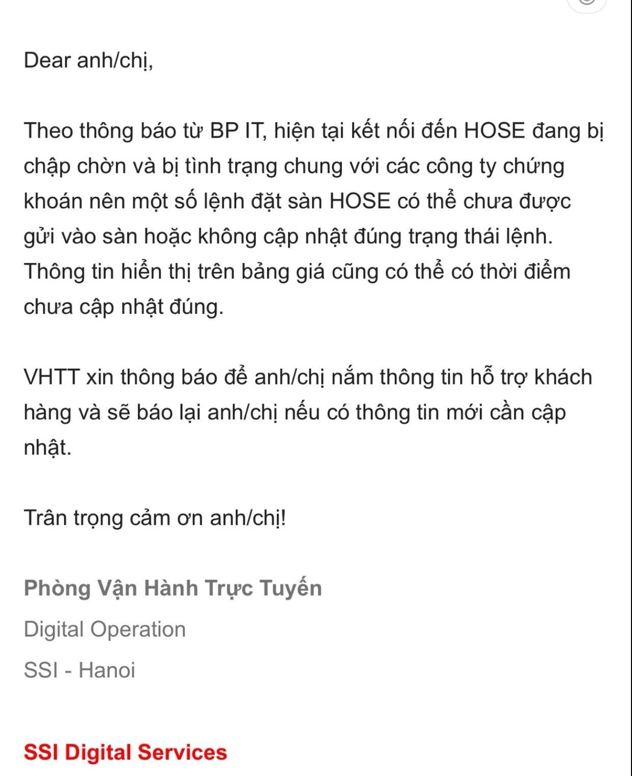 Thông báo của SSI.