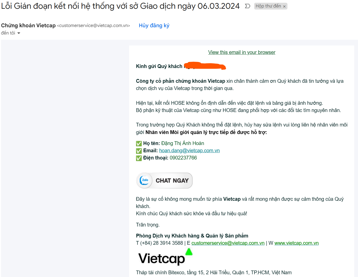Thông báo lỗi của Vietcap