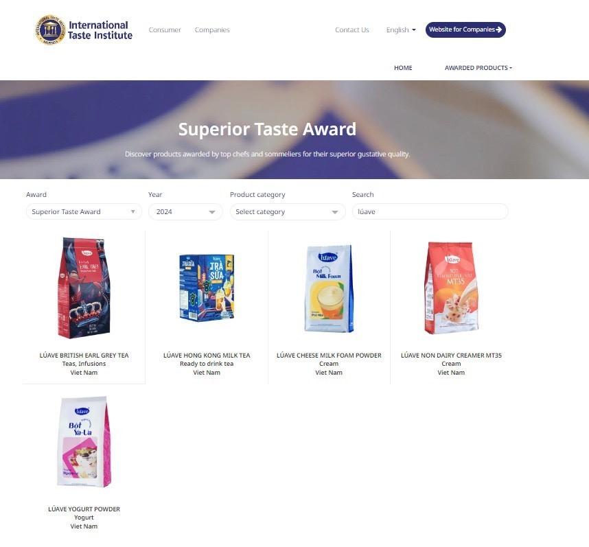 C&aacute;c sản phẩm đạt giải thưởng Vị ngon thượng hạng: Bột kem b&eacute;o thực vật MT35, Bột Milk Foam, Bột Yogurt, Tr&agrave; B&aacute; Tước, Tr&agrave; sữa Hong Kong.
