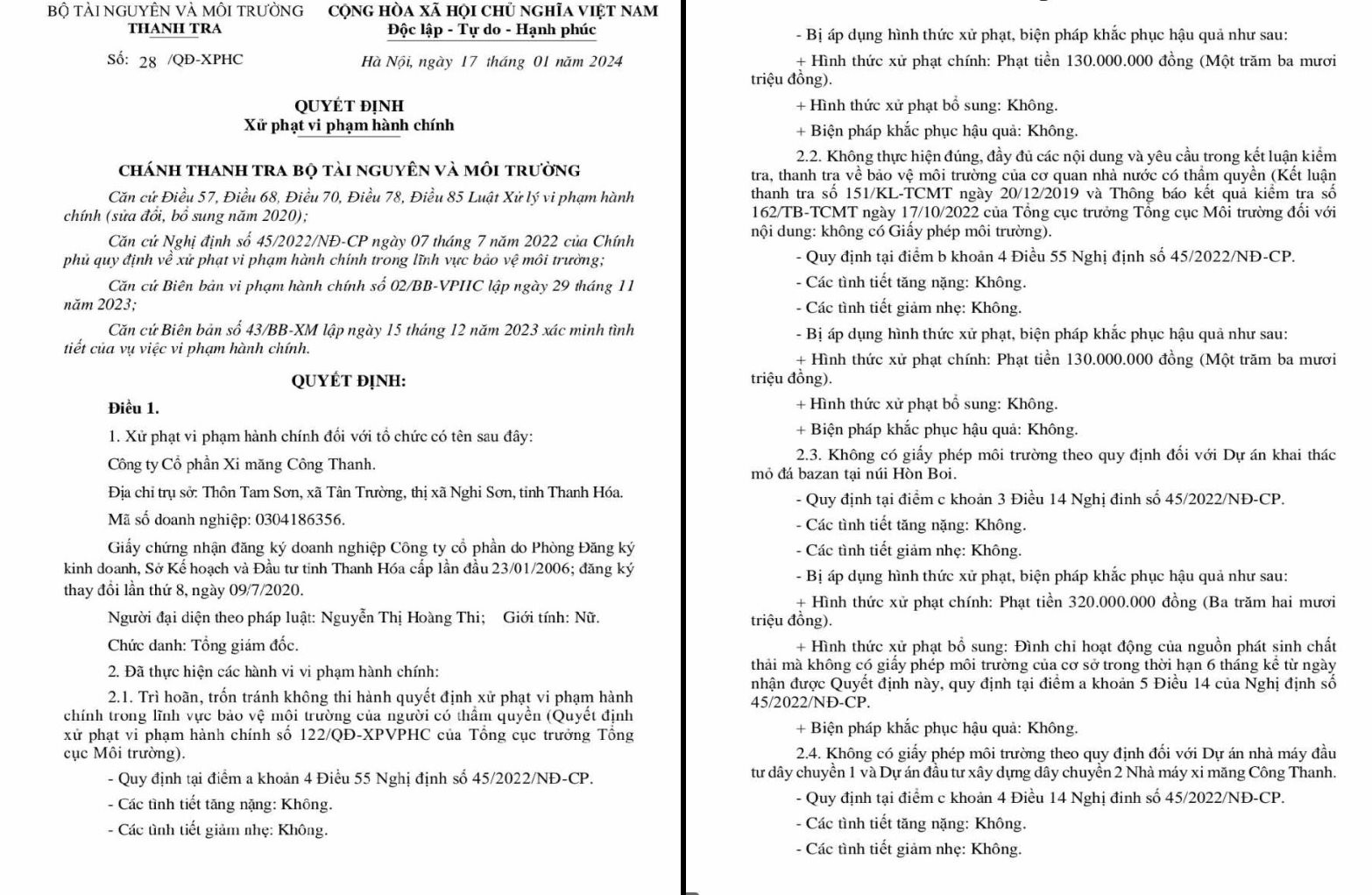Quyết định xử phạt vi phạm h&agrave;nh ch&iacute;nh của Ch&aacute;nh Thanh tra Bộ T&agrave;i nguy&ecirc;n v&agrave; M&ocirc;i trường hơn 1, 8 tỷ đồng đối với C&ocirc;ng ty cổ phần Xi măng C&ocirc;ng Thanh