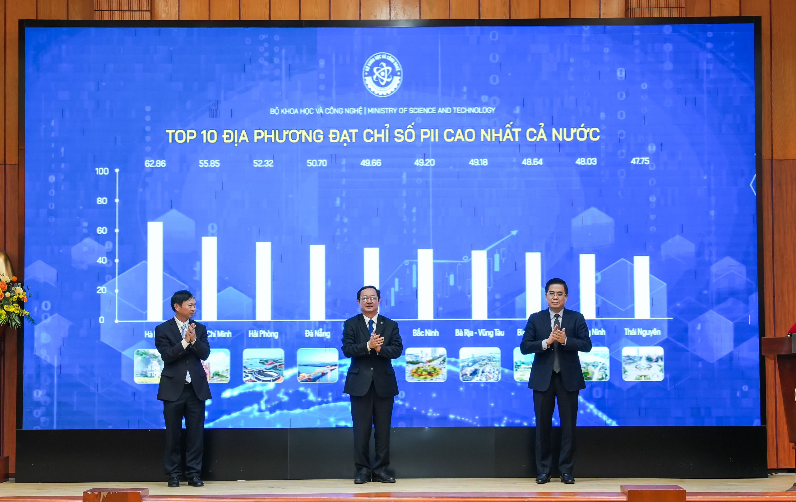 Lãnh đạo Bộ Khoa học và Công nghệ công bố kết quả triển khai Bộ chỉ số Đổi mới sáng tạo cấp địa phương năm 2023 (PII) chiều tối 12/3/2024.