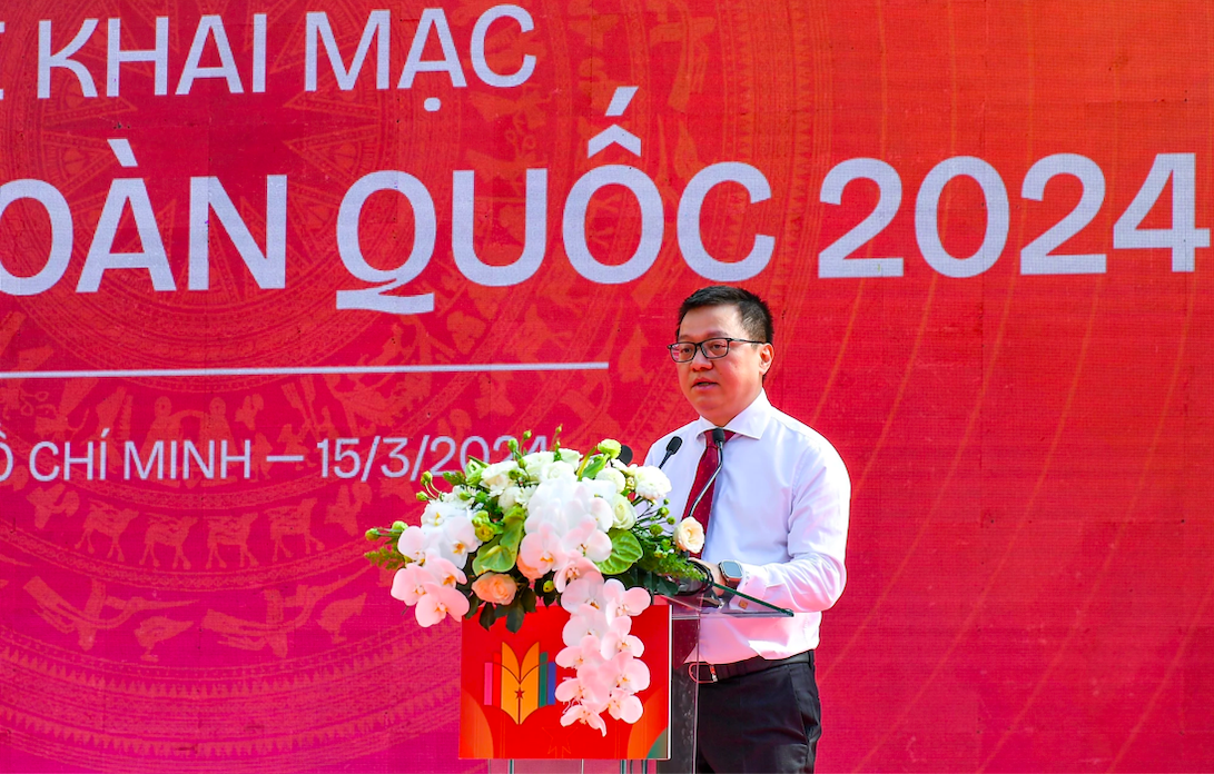 Ông Lê Quốc Minh, Tổng Biên tập Báo Nhân Dân, Phó Trưởng Ban Tuyên giáo Trung ương, Chủ tịch Hội Nhà báo Việt Nam phát biểu khai mạc Hội báo.