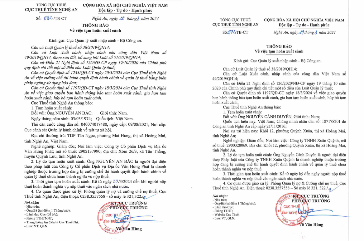C&aacute;c th&ocirc;ng b&aacute;o tạm ho&atilde;n xuất cảnh của Cục Thuế tỉnh Nghệ An