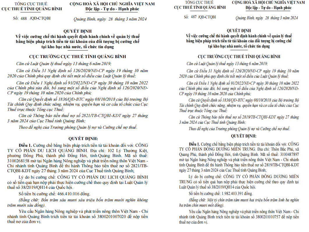 C&aacute;c quyết định của&nbsp; Cục Thuế tỉnh Quảng B&igrave;nh