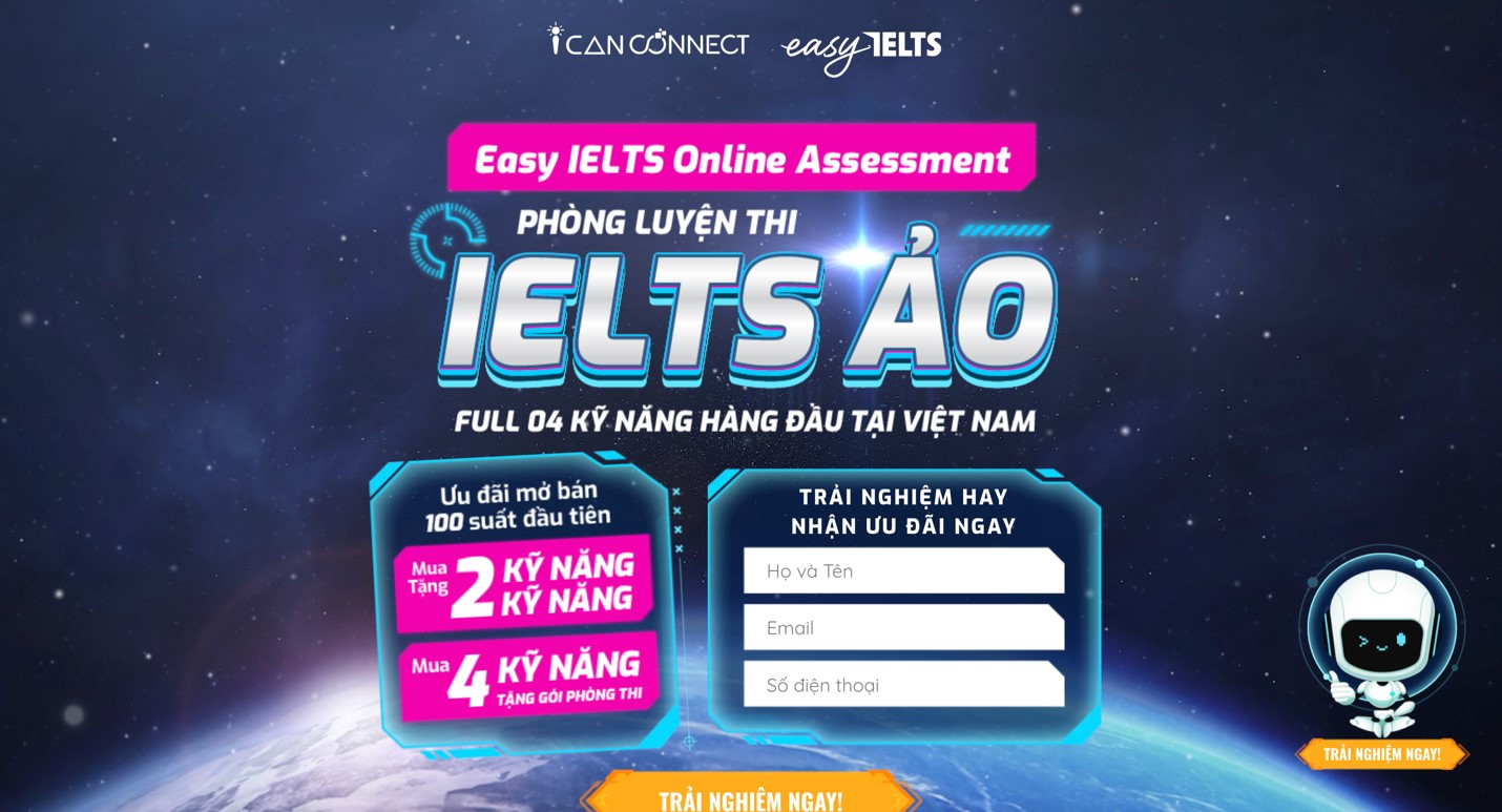 Hệ thống phòng luyện thi IELTS ảo ứng dụng công nghệ AI của thương hiệu ICANCONNECT thuộc Galaxy Education giúp các học viên luyện thi IELTS thử như thi thật.