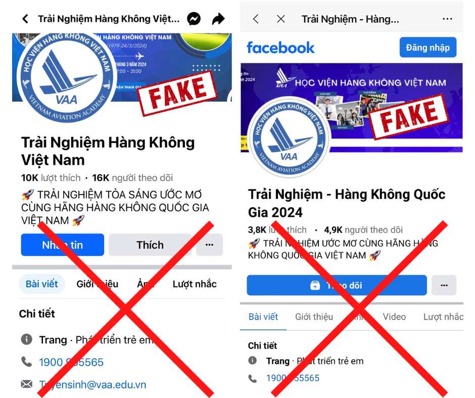 Nhiều fanpage đang mạo danh Học viện Hàng không Việt Nam.
