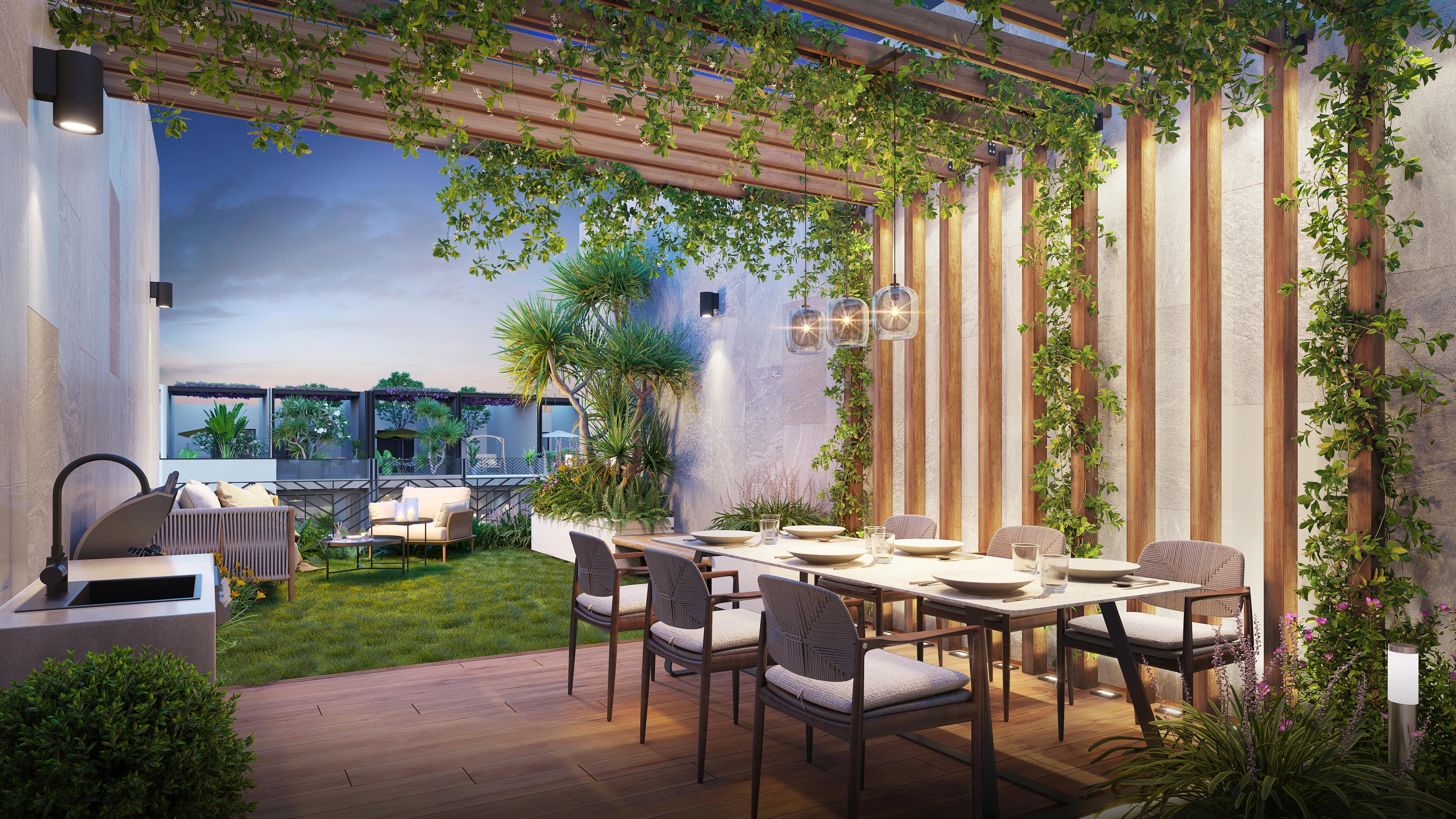 Thi&ecirc;n nhi&ecirc;n xanh m&aacute;t bao phủ khắp the Sholi c&oacute; chức năng điều h&ograve;a nhiệt độ v&agrave; l&agrave;m &ldquo;mềm mại&rdquo; khối c&ocirc;ng tr&igrave;nh tổng thể.