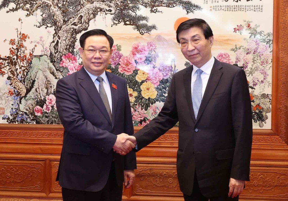 Chủ tịch Chính hiệp toàn quốc Trung Quốc Vương Hộ Ninh đón Chủ tịch Quốc hội Vương Đình Huệ. Ảnh: TTXVN