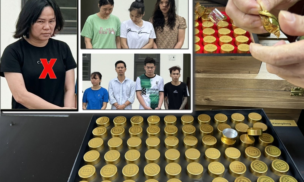 Nguyễn Thị Thịnh (X) và các đối tượng trong đường dây sản xuất, buôn ván hàng giả là thực phẩm. Ảnh Công an Thanh Hóa