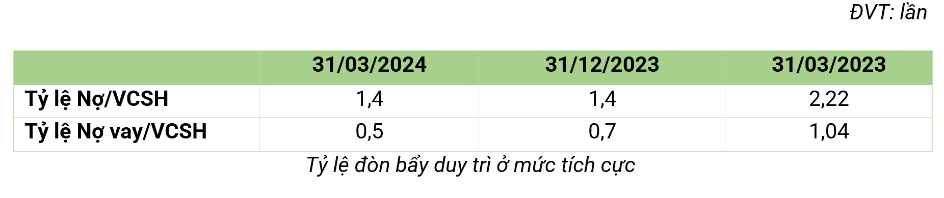 Tỷ lệ đòn bẩy duy trì ở mức tích cực. ĐVT: lần.