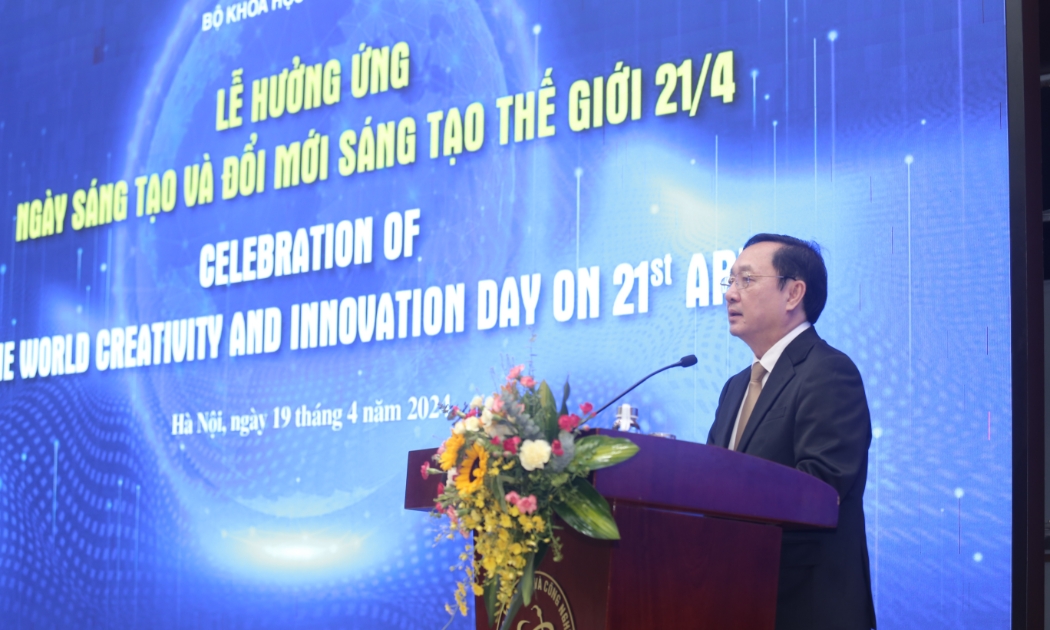 Bộ trưởng Bộ Khoa học và Công nghệ Huỳnh Thành Đạt phát biểu tại buổi Lễ hưởng ứng Ngày Sáng tạo và Đổi mới sáng tạo thế giới năm 2024.
