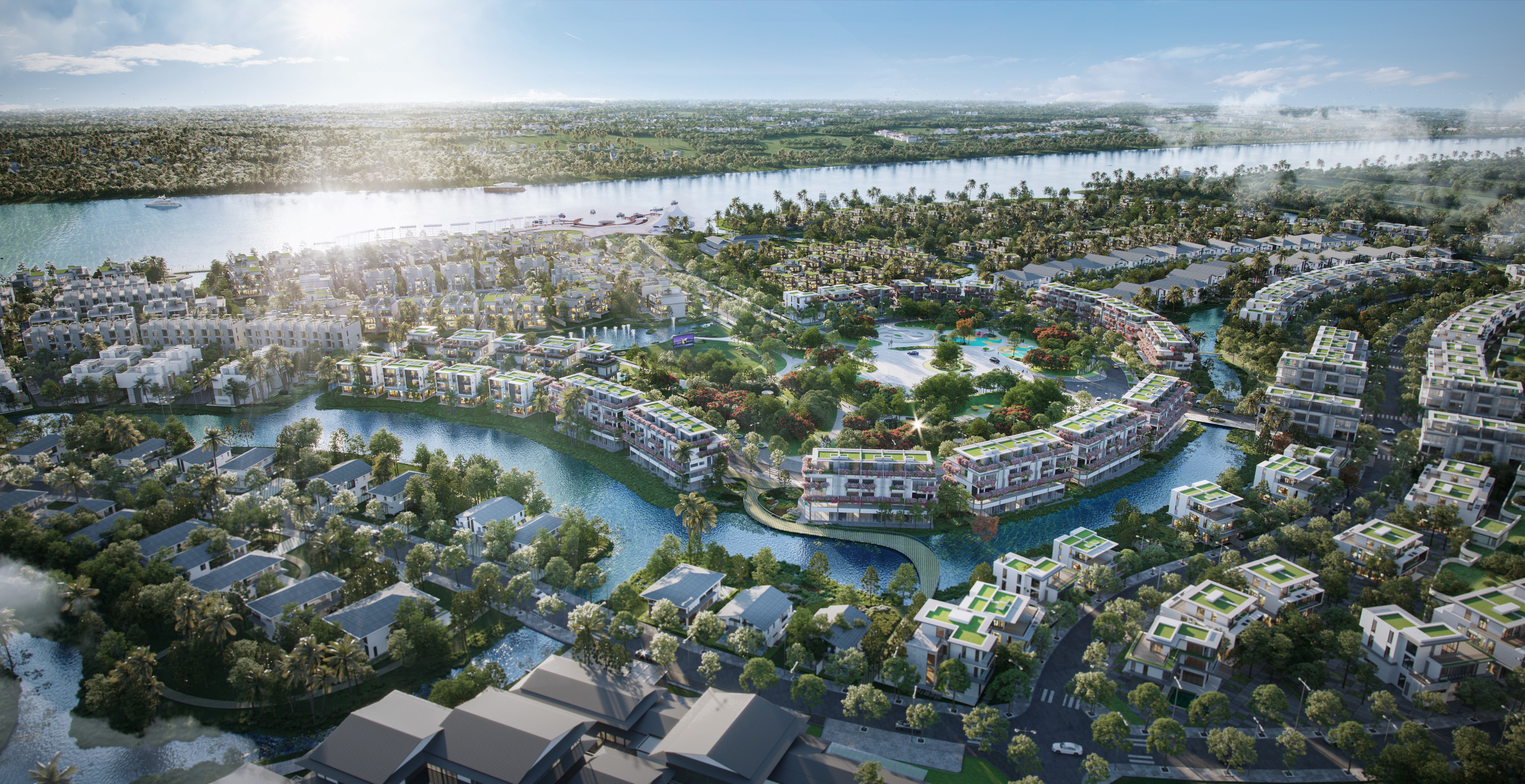 Phân khu Quảng trường All Blue toạ lạc vị trí trung tâm đảo hoa EcoVillage Saigon River. 