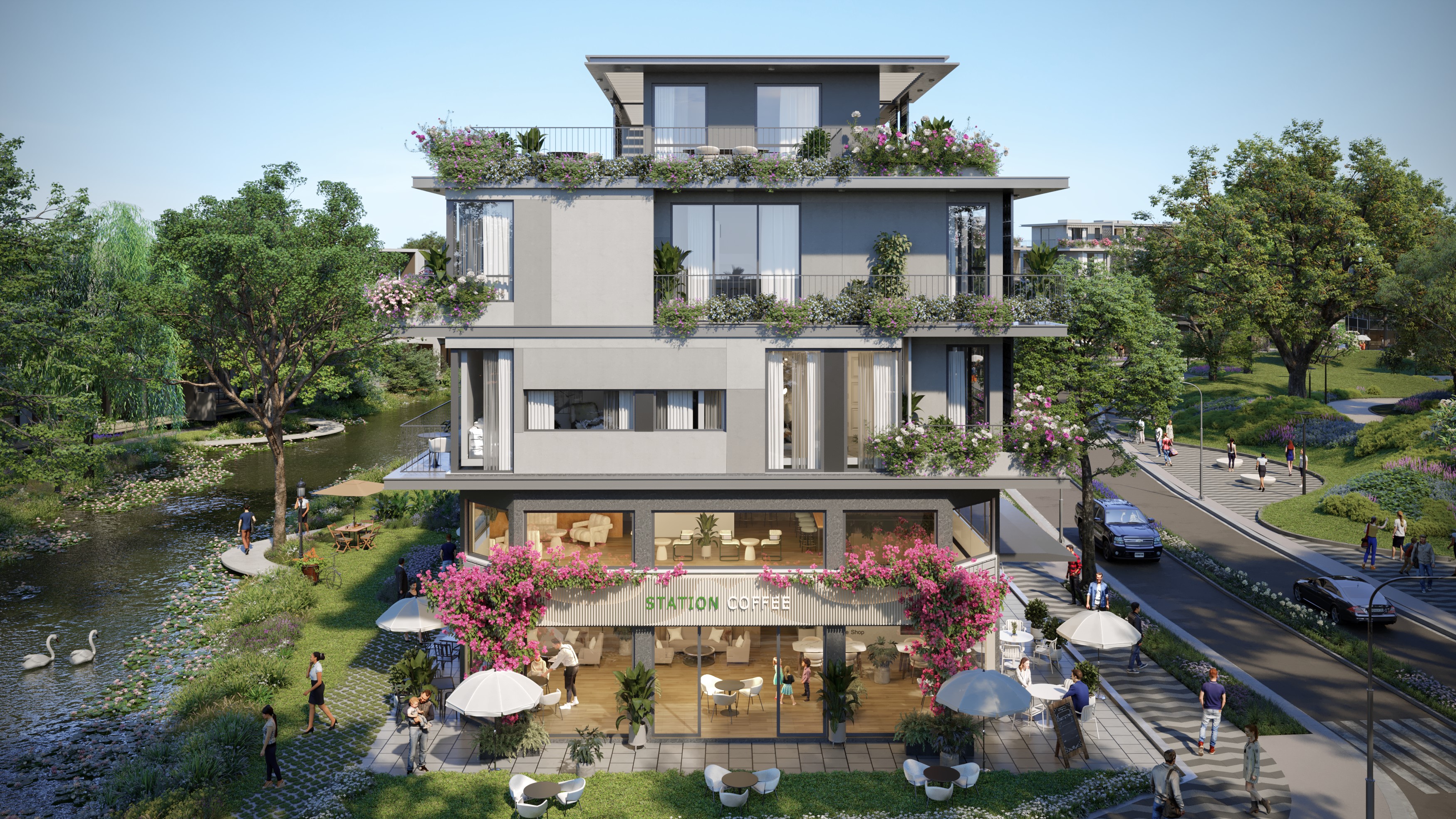 100% nh&agrave; phố quảng trường c&oacute; 2 mặt tiền.