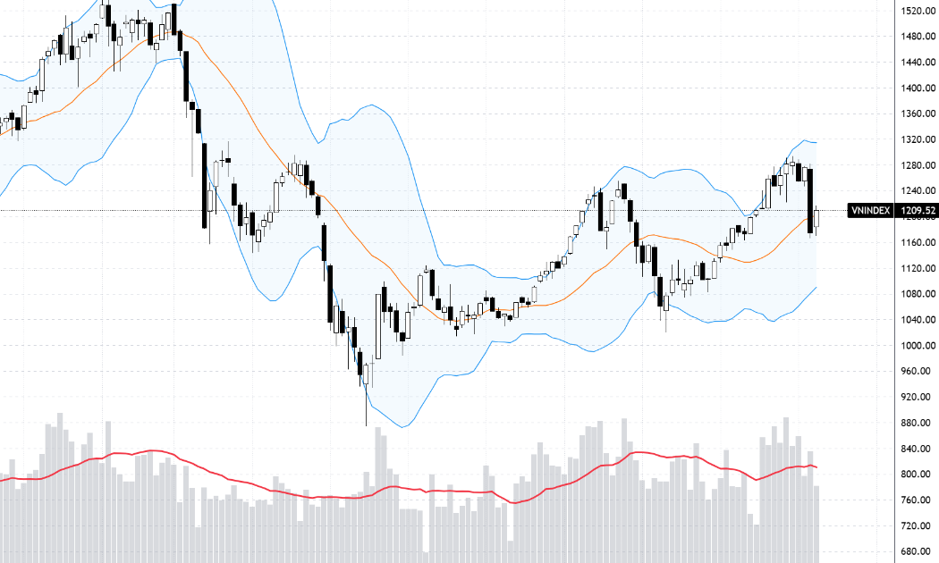 VN-Index có tuần phục hồi 2,95% nhưng thanh khoản khá thấp so với mức trung bình 20 ngày (đường màu đỏ).