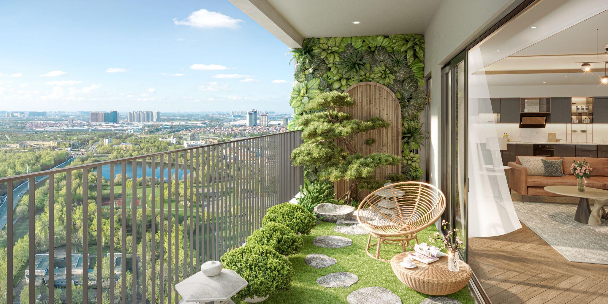 Ban công tại căn hộ The Wisteria tràn ngập màu xanh thiên nhiên.