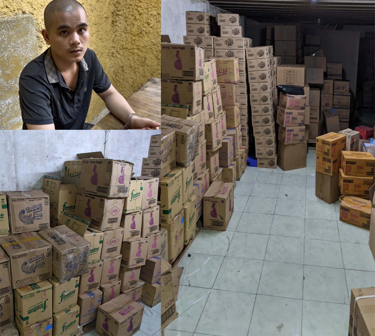 Đối tượng cầm đầu Trần Văn Sơn và số nước giặt, nước rửa bát giả. Ảnh Công an Thanh Hóa cung cấp