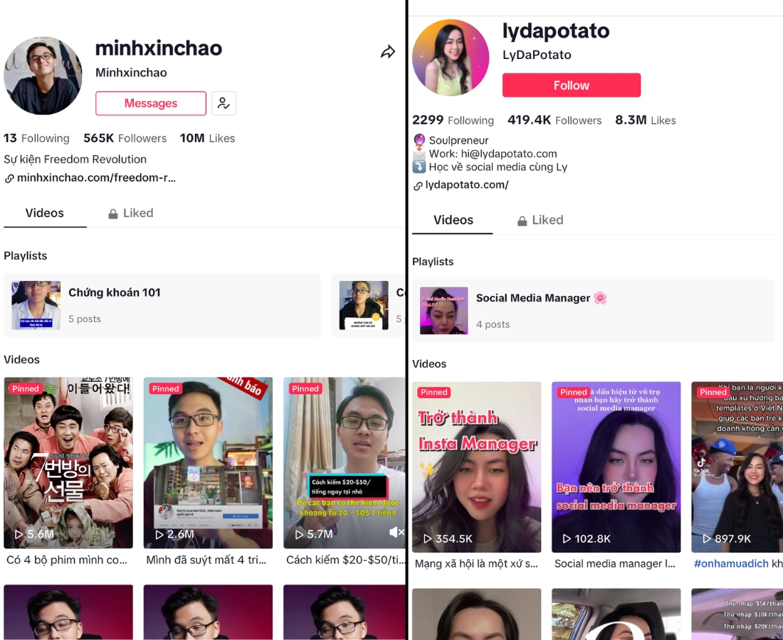 Tài khoản TikTok Minxinchao (trái) và tài khoản TikTok LyDaPotato (phải).