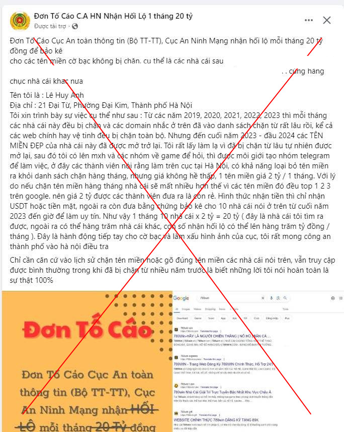 Một số đối tượng còn phát tán 'đơn tố cáo' trên Facebook để quảng cáo web đánh bạc