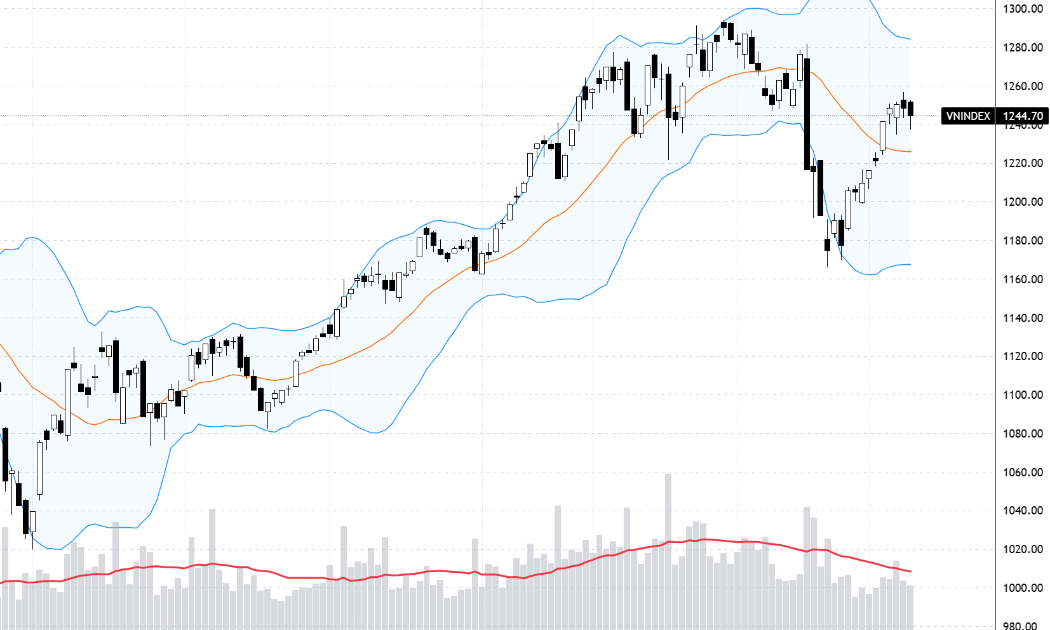 Diễn biến chỉ số VN-Index và khối lượng binh quân 20 phiên.