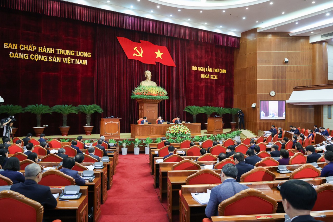 Toàn cảnh khai mạc Hội nghị Trung ương 9 sáng nay. Ảnh: VGP.